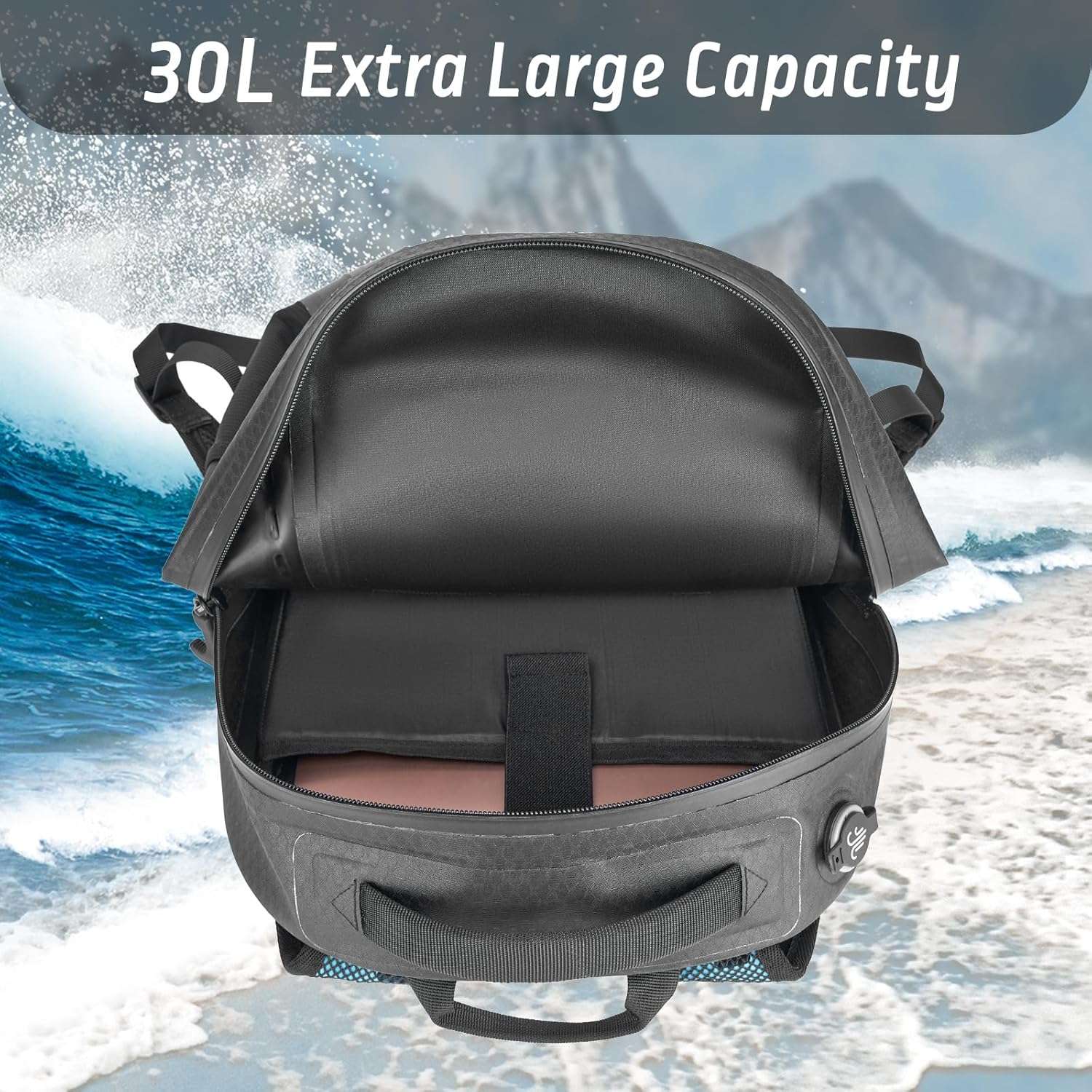 alt="Open view of Trudave FloatPack Series 30L waterproof fishing backpack showing large capacity main compartment with roll-top design and durable TPU waterproof construction for outdoor use"